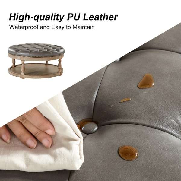 Antonia Grey Vegan Leather Tufted Round Storage Cocktail Ottoman 2