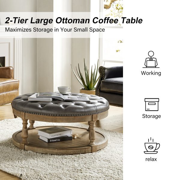 Antonia Grey Vegan Leather Tufted Round Storage Cocktail Ottoman 3