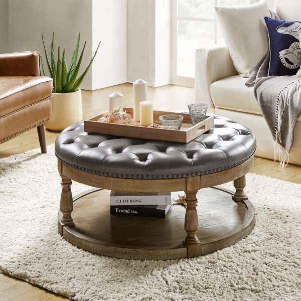Antonia Grey Vegan Leather Tufted Round Storage Cocktail Ottoman