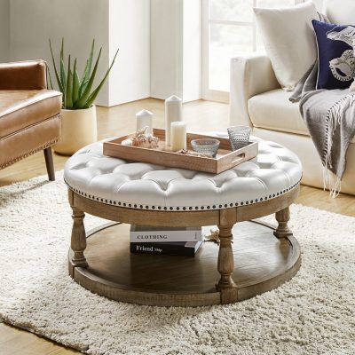Antonia Ivory Vegan Leather Tufted Round Storage Ottoman