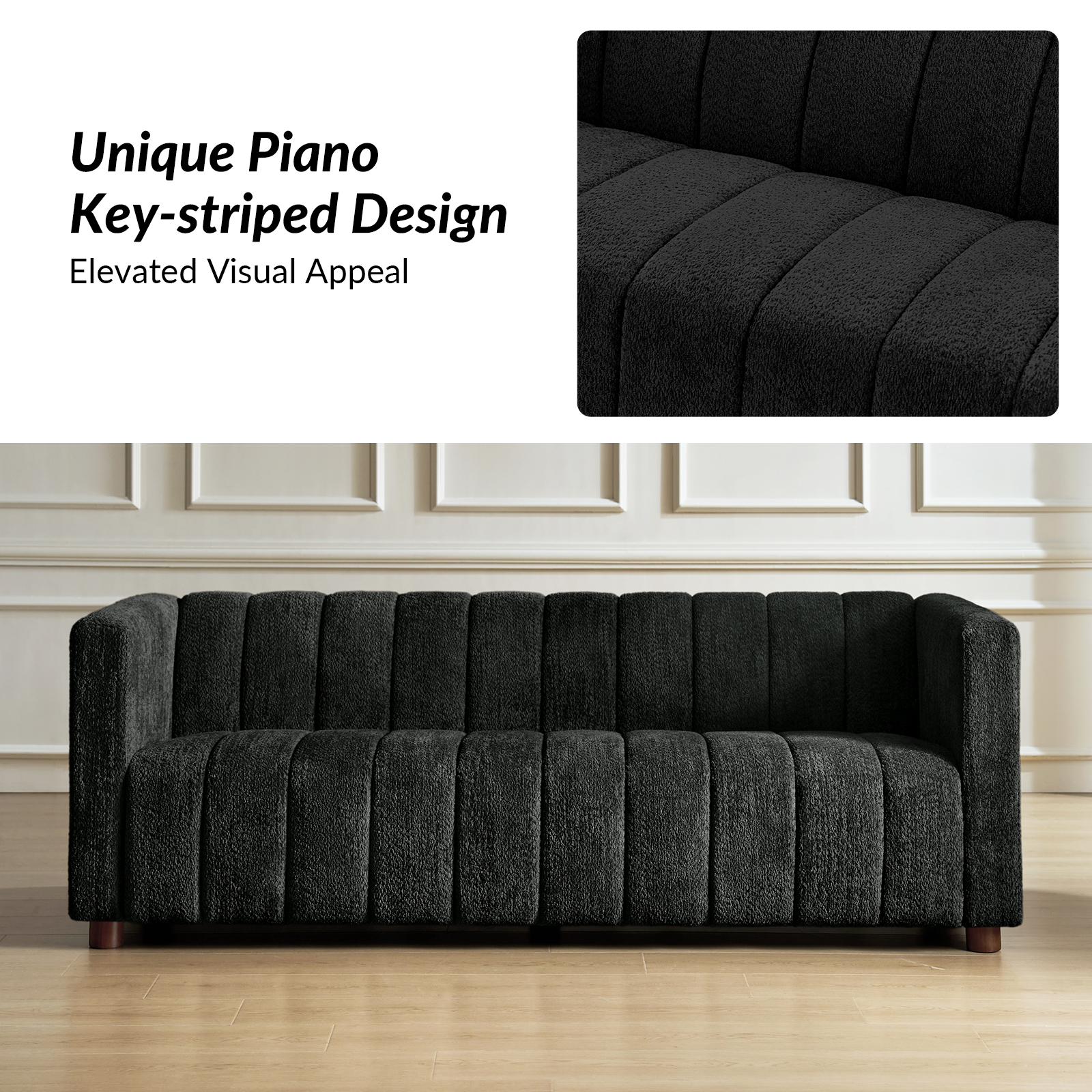 Aragon Black Boucle Piano Key-Striped Modern Sofa 3 Aragon Black Boucle Piano Key-Striped Modern Sofa - Image 3