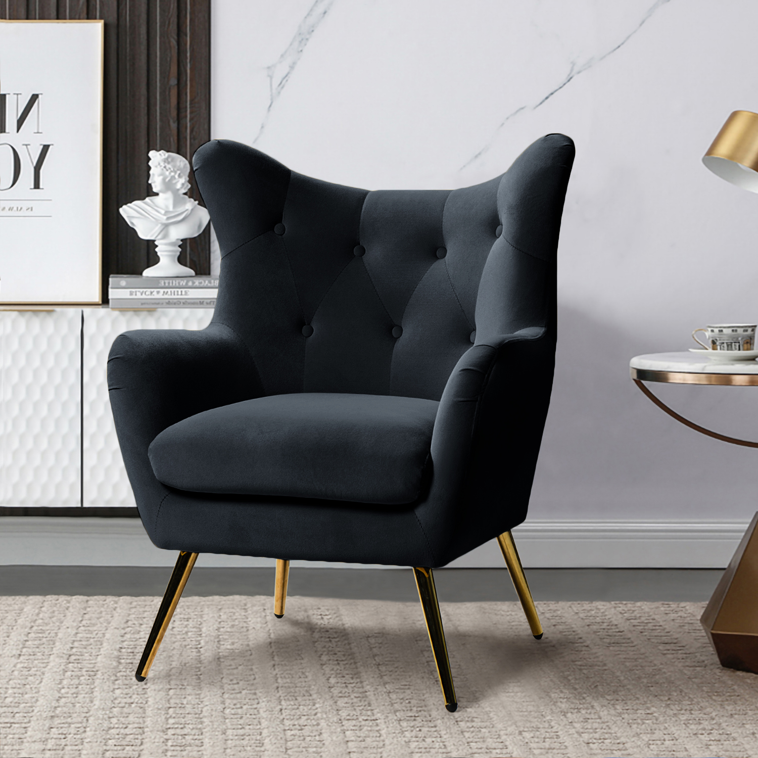 Arama Black Velvet Wingback Glam Accent Chair 1 Arama Black Velvet Wingback Glam Accent Chair