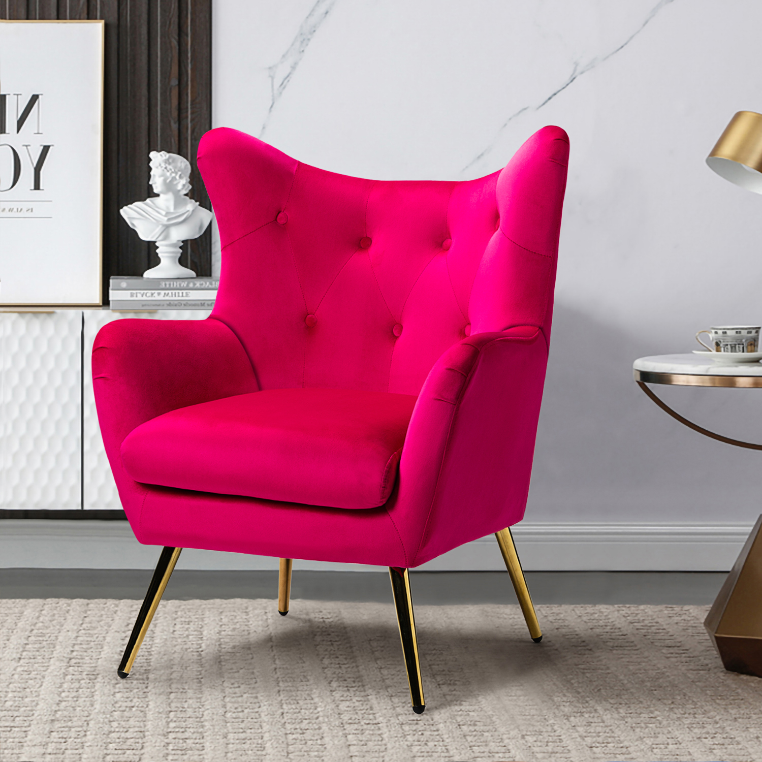 Arama Fushia Velvet Wingback Glam Accent Chair 1 Arama Fushia Velvet Wingback Glam Accent Chair