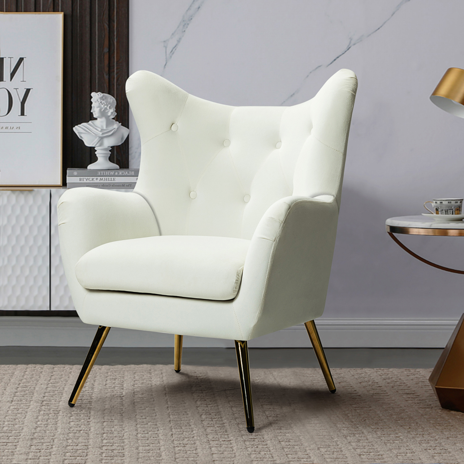 Arama Ivory Velvet Wingback Glam Accent Chair 1 Arama Ivory Velvet Wingback Glam Accent Chair