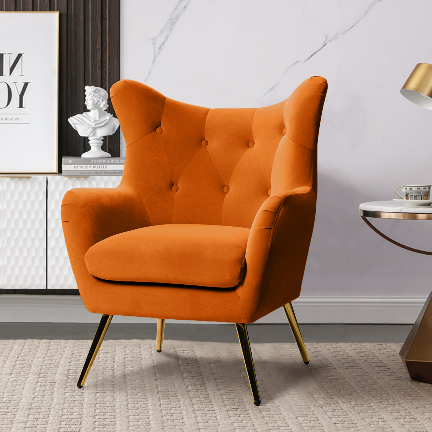 Arama Orange Velvet Wingback Glam Accent Chair 1 Arama Orange Velvet Wingback Glam Accent Chair
