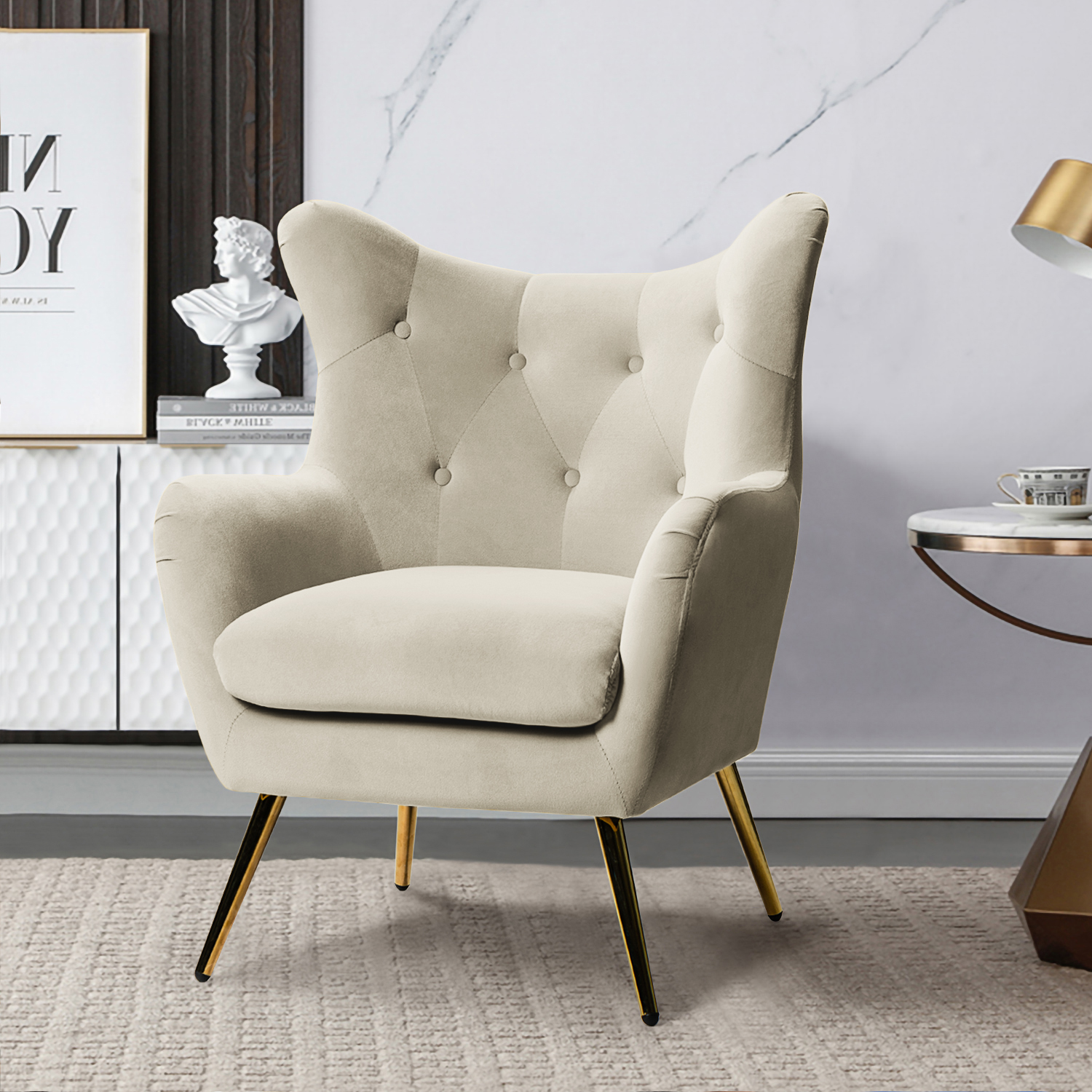 Arama Tan Velvet Wingback Glam Accent Chair 1 Arama Tan Velvet Wingback Glam Accent Chair