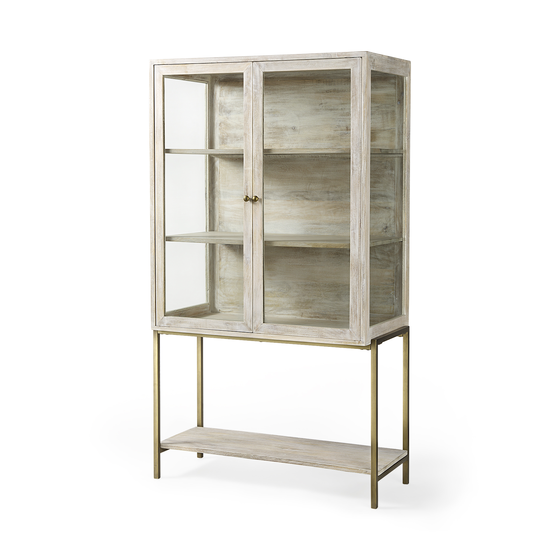 Arelius 36L x 18.75W x 63H White Wood W Gold Metal Base Display Cabinet