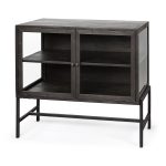 Arelius 36L x 18W Black-Brown Wood, Black Metal Base w/ 2 Glass Doors Accent Cabinet