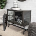Arelius 36L x 18W Black-Brown Wood, Black Metal Base w/ 2 Glass Doors Accent Cabinet