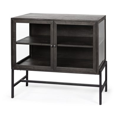 Arelius 36L x 18W Black-Brown Wood, Black Metal Base w/ 2 Glass Doors Accent Cabinet