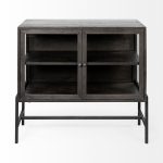 Arelius 36L x 18W Black-Brown Wood, Black Metal Base w/ 2 Glass Doors Accent Cabinet