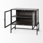 Arelius 36L x 18W Black-Brown Wood, Black Metal Base w/ 2 Glass Doors Accent Cabinet
