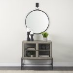 Arelius 36L x 18W x 32H Gray Wood, Black Metal Base w/ 2 Glass Doors Accent Cabinet