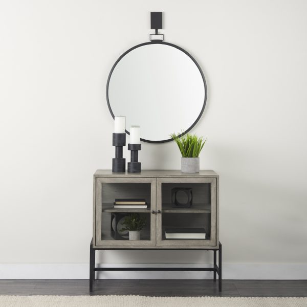 Arelius 36L x 18W x 32H Gray Wood Black Metal Base w 2 Glass Doors Accent Cabinet 1