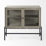 Arelius 36L x 18W x 32H Gray Wood, Black Metal Base w/ 2 Glass Doors Accent Cabinet