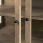 Arelius 36L x 18W x 32H Light Brown Wood, Black Metal Base w/ 2 Glass Doors Accent Cabinet