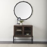Arelius 36L x 18W x 32H Medium Brown Wood, Black Metal Base w/ 2 Glass Doors Accent Cabinet