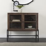 Arelius 36L x 18W x 32H Medium Brown Wood, Black Metal Base w/ 2 Glass Doors Accent Cabinet