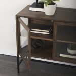 Arelius 36L x 18W x 32H Medium Brown Wood, Black Metal Base w/ 2 Glass Doors Accent Cabinet