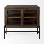 Arelius 36L x 18W x 32H Medium Brown Wood, Black Metal Base w/ 2 Glass Doors Accent Cabinet