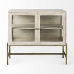 Arelius 36L x 18W x 32H White Wood, Gold Metal Base w/ 2 Glass Doors Accent Cabinet