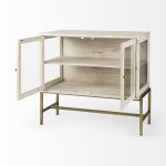 Arelius 36L x 18W x 32H White Wood, Gold Metal Base w/ 2 Glass Doors Accent Cabinet