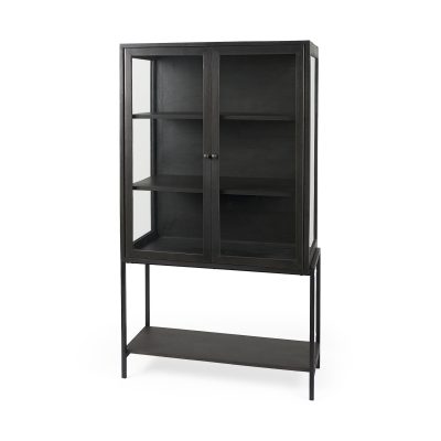 Arelius 36L x 18W x 63H Black-Brown Wood W/ Black Metal Base Display Cabinet