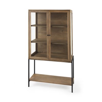 Arelius 36L x 18W x 63H Light Brown Wood W/ Black Metal Base Display Cabinet