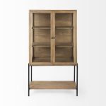 Arelius 36L x 18W x 63H Light Brown Wood W/ Black Metal Base Display Cabinet