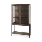Arelius 36L x 18W x 63H Medium Brown Wood W/ Black Metal Base Display Cabinet