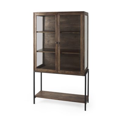 Arelius 36L x 18W x 63H Medium Brown Wood W/ Black Metal Base Display Cabinet