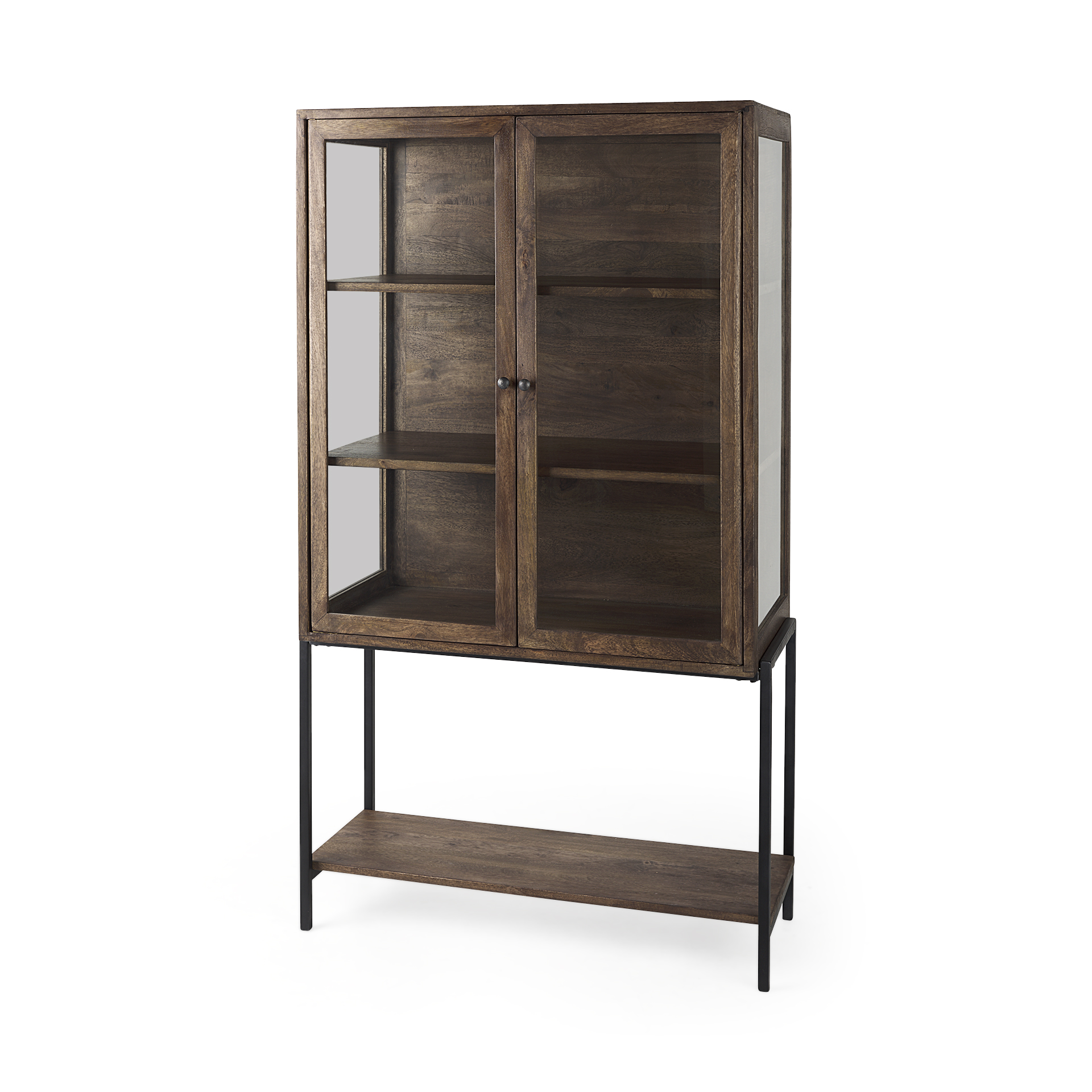 Arelius 36L x 18W x 63H Medium Brown Wood W Black Metal Base Display Cabinet