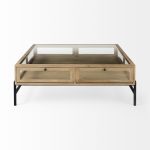Arelius 42" Square Glass-Top Light Brown w/ Black Metal Base Display Coffee Table