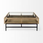 Arelius 42" Square Glass-Top Light Brown w/ Black Metal Base Display Coffee Table