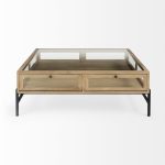 Arelius 42" Square Glass-Top Light Brown w/ Black Metal Base Display Coffee Table
