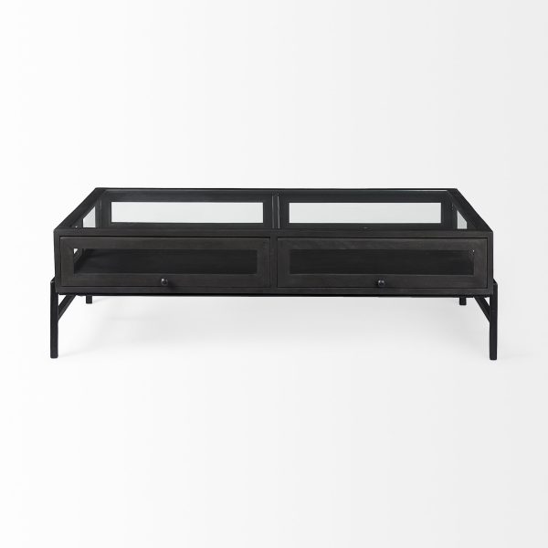 Arelius 42L Rectangular Glass Top Black Brown Wood w Black Metal Base Display Coffee Table 1