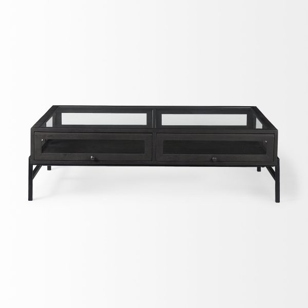 Arelius 42L Rectangular Glass Top Black Brown Wood w Black Metal Base Display Coffee Table 3