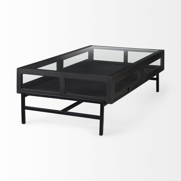 Arelius 42L Rectangular Glass Top Black Brown Wood w Black Metal Base Display Coffee Table 4