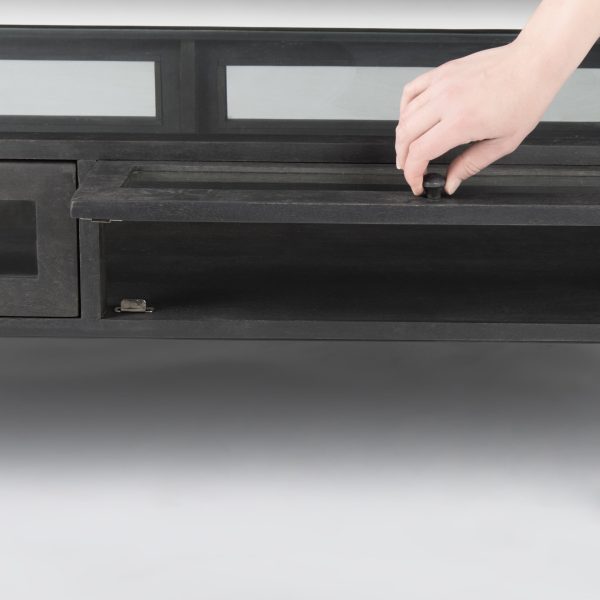 Arelius 42L Rectangular Glass Top Black Brown Wood w Black Metal Base Display Coffee Table 6