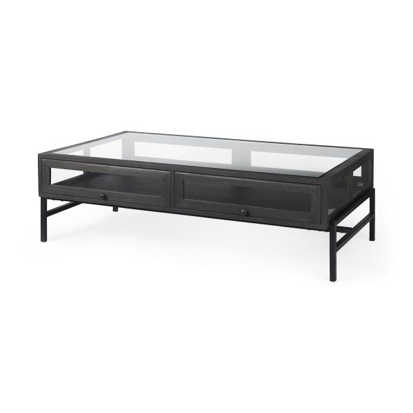 Arelius 42L Rectangular Glass Top Black Brown Wood w Black Metal Base Display Coffee Table