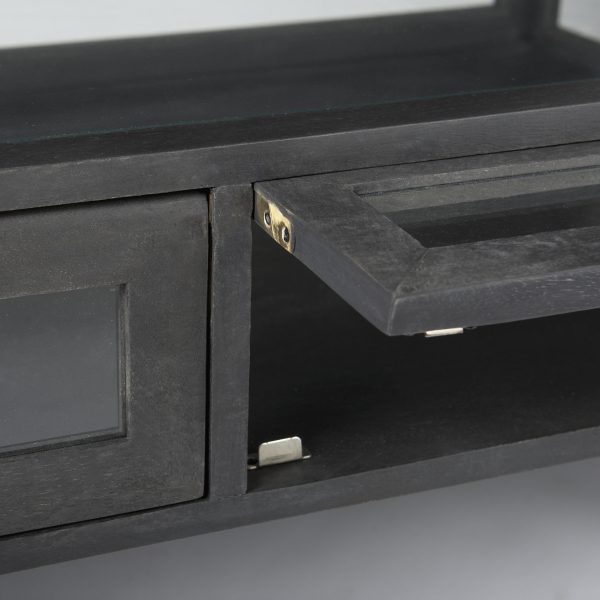 Arelius 42L Rectangular Glass Top Black Brown Wood w Black Metal Base Display Coffee Table 7