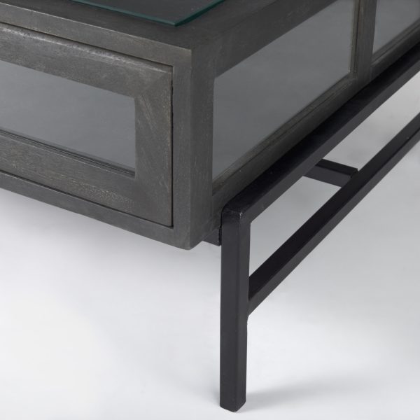Arelius 42L Rectangular Glass Top Black Brown Wood w Black Metal Base Display Coffee Table 9