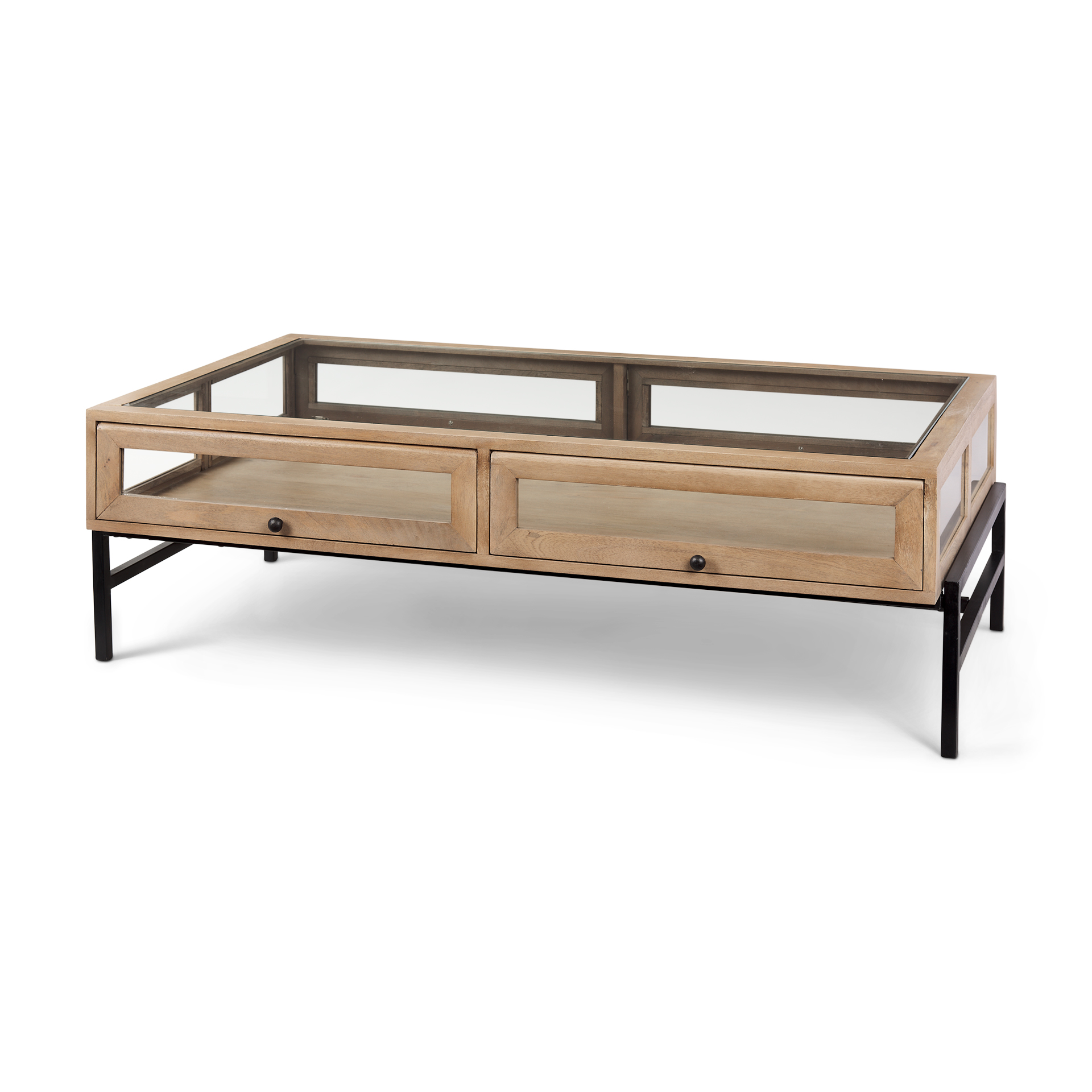 Arelius 42"L Rectangular Light Brown Wood w/ Black Metal Base Display Coffee Table 1 Arelius 42"L Rectangular Light Brown Wood w/ Black Metal Base Display Coffee Table