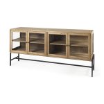 Arelius 70L x 18W x 32H Light Brown Wood, Black Metal Base w/ 4 Glass Cabinet Doors Sideboard