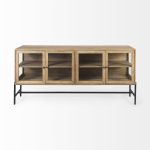 Arelius 70L x 18W x 32H Light Brown Wood, Black Metal Base w/ 4 Glass Cabinet Doors Sideboard