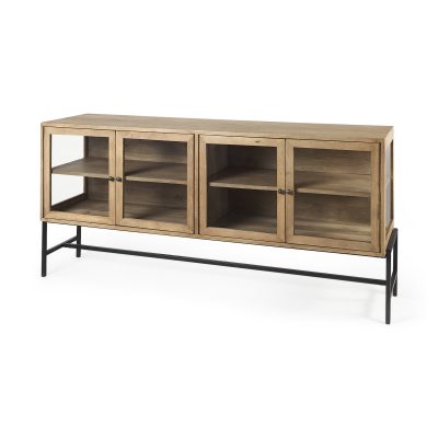 Arelius 70L x 18W x 32H Light Brown Wood, Black Metal Base w/ 4 Glass Cabinet Doors Sideboard