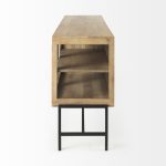 Arelius 70L x 18W x 32H Light Brown Wood, Black Metal Base w/ 4 Glass Cabinet Doors Sideboard