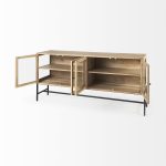 Arelius 70L x 18W x 32H Light Brown Wood, Black Metal Base w/ 4 Glass Cabinet Doors Sideboard