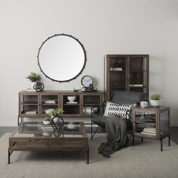 Arelius 70L x 18W x 32H Medium Brown Black Metal Base w 4 Glass Door Cabinets Sideboard 1