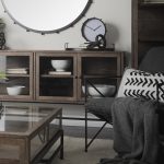 Arelius 70L x 18W x 32H Medium Brown, Black Metal Base w/ 4 Glass Door Cabinets Sideboard